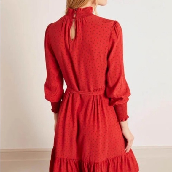 BODEN Carrie Smocked Dress Poinsettia Ruffle Red Long Sleeve - Picture 3 of 14
